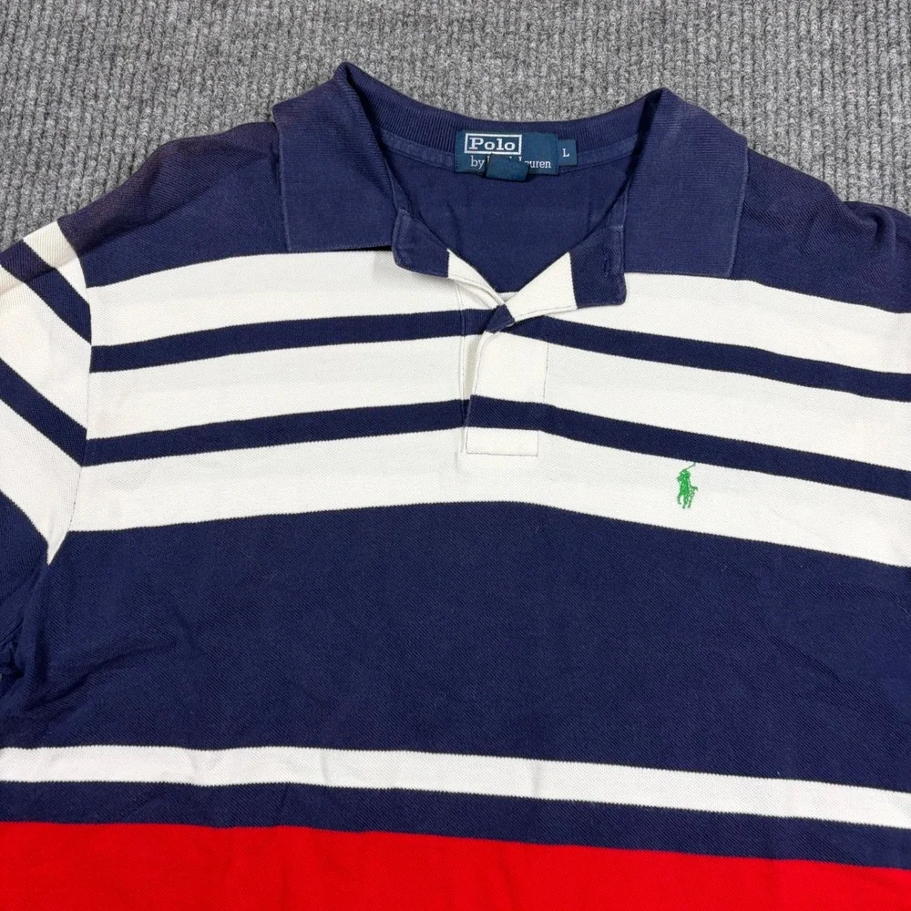 Polo Ralph Lauren Shirt Mens L Blue Red White Striped Short Sleeve Polo